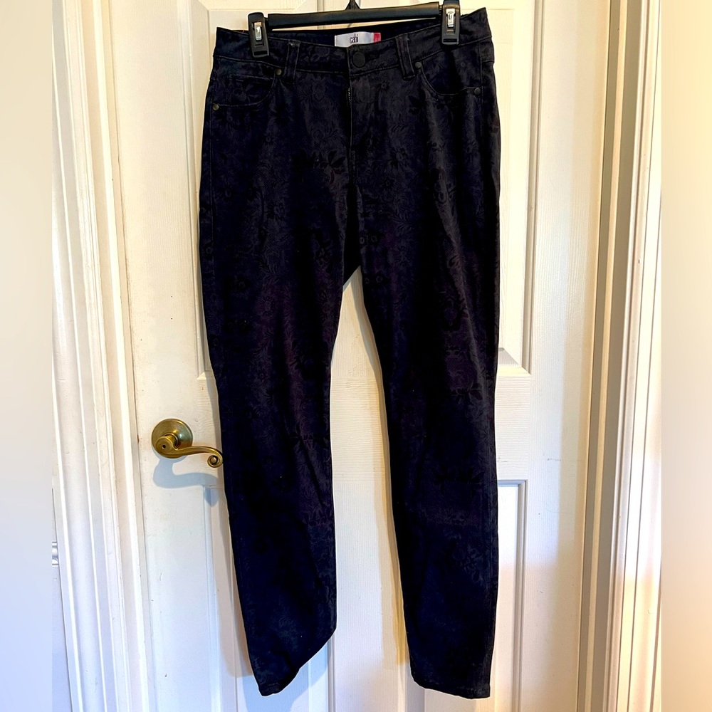 CAbi lace print pants. Denim type material.